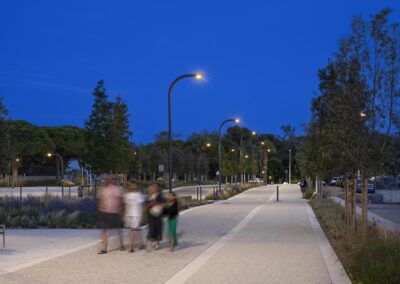 Rue du Grau-du-Roi (Gard) éclairée par des lampadaires modernes, éclairage uniforme et végétation mise en lumière, nuit.